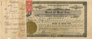 Bank of West End, Atlanta, Fulton County, GA. - Stock Certificate